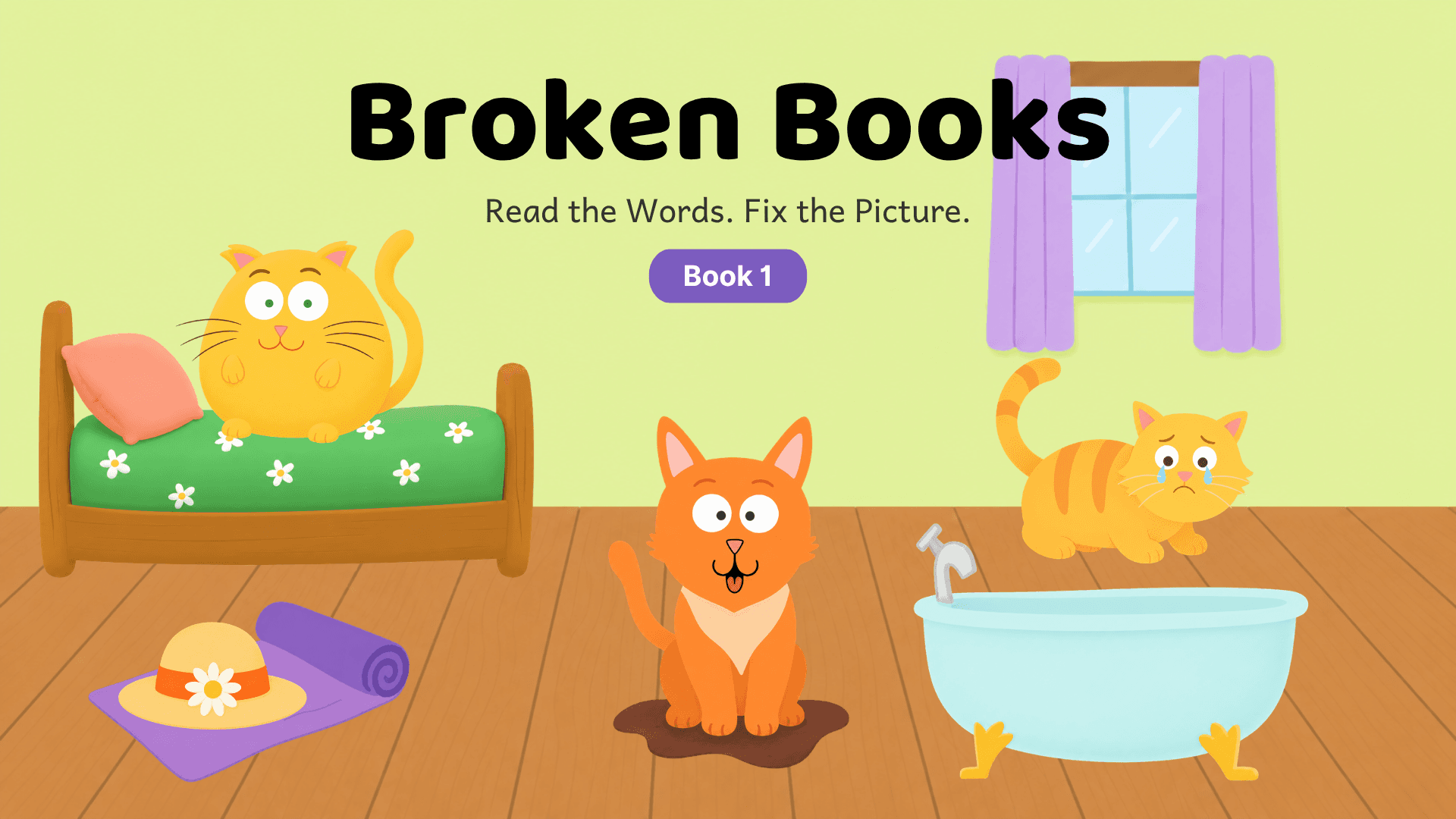 Broken Book 1 title page in a bright green room