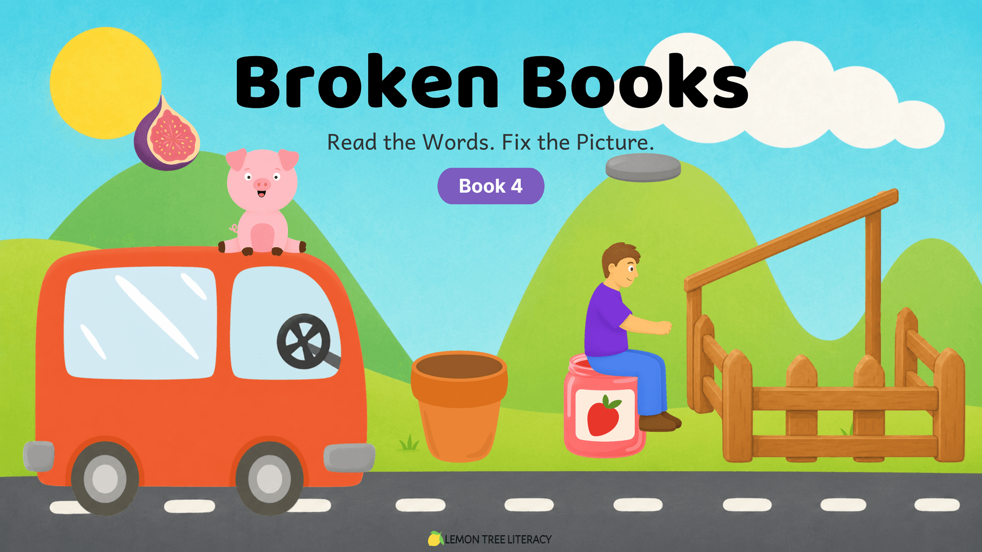 Broken Book 4 title page beside a road and green hills