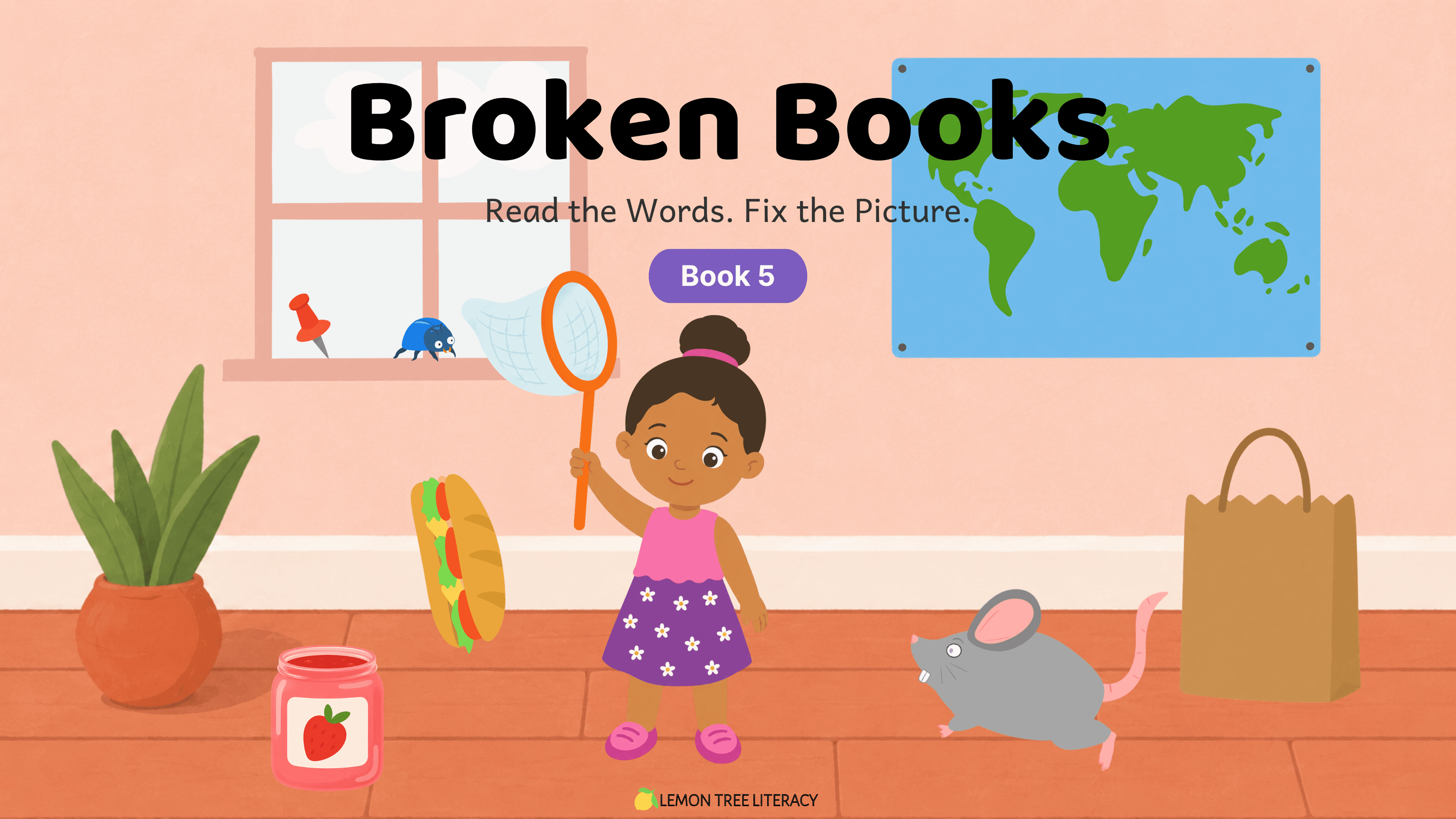 Broken Book 5 title page in a peach room with a child holding a net